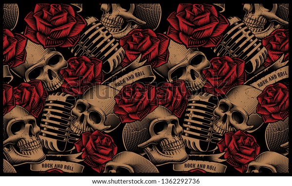 Seamless pattern with skulls, microphones and\
roses on the dark\
background.