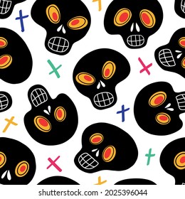 Seamless pattern with skulls and multicolored crosses. Vector illustration. Bright and fashionable design for Halloween, the Day of the Dead