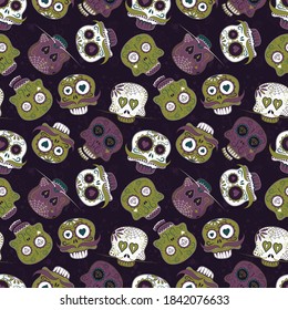 Seamless pattern with skulls on black background. Day of the dead. Design element for poster, card, banner, clothes decoration. Vector illustration