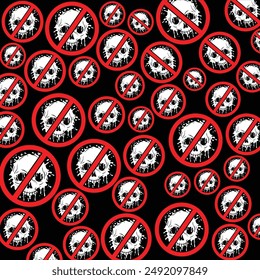 Seamless pattern with skulls on a black background. Vector illustration.