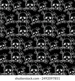 Seamless pattern with skulls on a black background. Vector illustration.