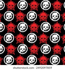 Seamless pattern with skulls on a black background. Vector illustration.