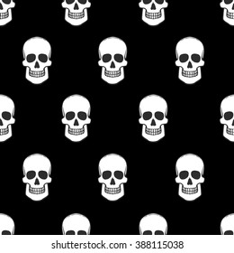 Seamless pattern with skulls on black background. Vector Illustration