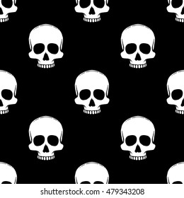 Seamless pattern with skulls on a black background. Vector Illustration