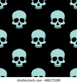 Seamless pattern with skulls on a black background. Vector Illustration