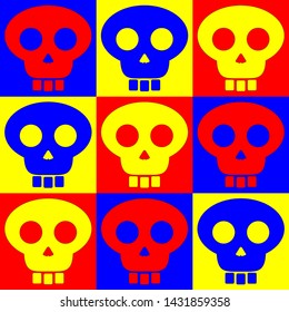 Seamless pattern. Skulls on a checkered background in Bauhaus style