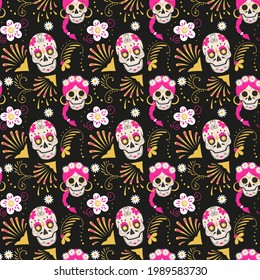 Seamless pattern with skulls on a dark background with elements of Mexican culture . Image of Mexican male and female skulls with floral elements. Print on paper or background image for layouts.