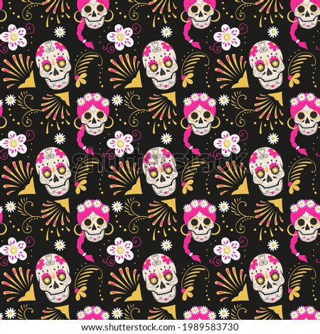Seamless pattern with skulls on a dark background with elements of Mexican culture . Image of Mexican male and female skulls with floral elements. Print on paper or background image for layouts.