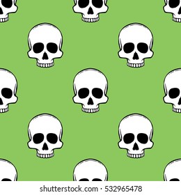 Seamless pattern with skulls on a green flash background. Vector Illustration