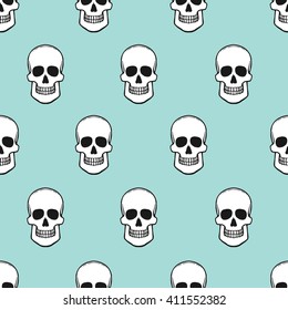 Seamless pattern with skulls on limpet shell background. Vector Illustration