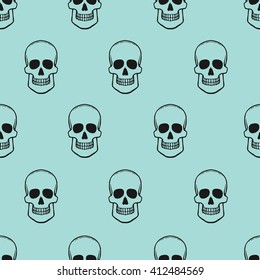 Seamless pattern with skulls on limpet shell background. Vector Illustration