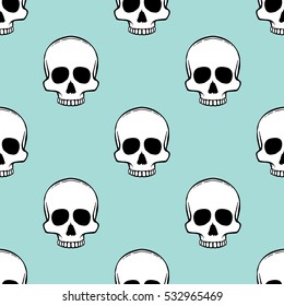 Seamless pattern with skulls on a limpet shell background. Vector Illustration