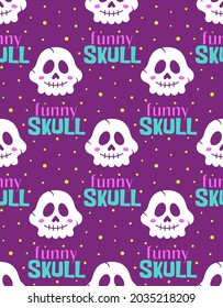 seamless pattern with skulls on purple background, day of dead, design element for poster, card, banner, clothes decoration, vector halloween illustration