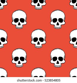 Seamless pattern with skulls on a red background. Vector Illustration