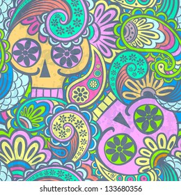 seamless pattern with skulls and paisley