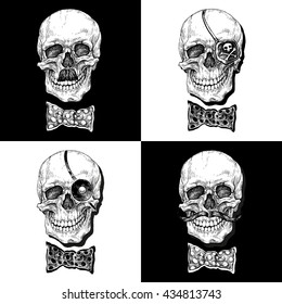 Seamless pattern of skulls with pirate accessories - hand drawn vector illustration, isolated on white