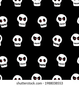 Seamless pattern with skulls. Primitive cartoon flat style. Background and texture on theme of Halloween, danger, death, war, poison. For fabric, packaging, party, poster, banner