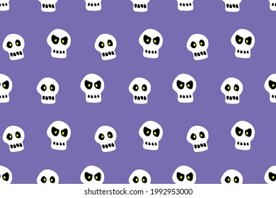 Seamless pattern with skulls. Primitive cartoon flat style. Background and texture on theme of Halloween, danger, death, war, poison. For fabric, packaging, party, poster, banner