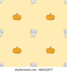 A seamless pattern of skulls and pumpkins