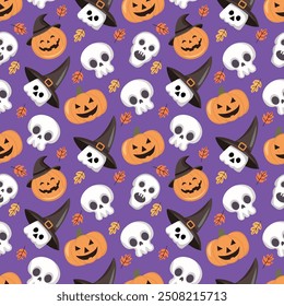 Seamless pattern of skulls and pumpkins in hats. Halloween holiday. Fabulous vintage background. Vector illustration. Can be used in web design, social media, printing, wallpaper