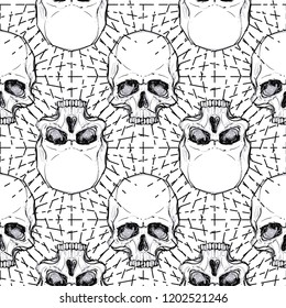 Seamless pattern with skulls and rays. Vector illustration. Reapiting background. Black and White