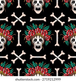 Patrón sin fisuras con calaveras y flores rojas de rosa. Ilustración vectorial.