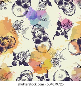 Seamless pattern with skulls and rose flowers drawn in engraving style and translucent colorful blots. Modern and trendy backdrop. Vector illustration for wallpaper, fabric print, poster, flyer.