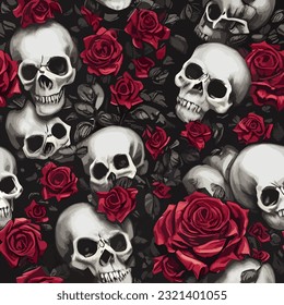seamless pattern skulls and roses background nature death texture illustration skeletal art floral ornament spooky image colorful modern horror bone endless repeat eps vector