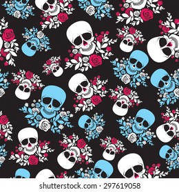 Seamless pattern with skulls and roses  in black, white, red and blue colors. Vector illustration. Template for Day Of The Dead and Halloween design.