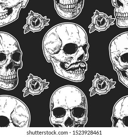 Seamless pattern with skulls and roses. Design element for poster, card, banner, t shirt. Vector illustration