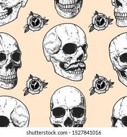 Seamless pattern with skulls and roses. Design element for poster, card, banner, t shirt. Vector illustration