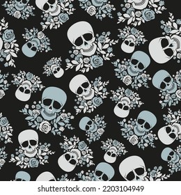 Seamless pattern with skulls and roses in gray colors. Vintage style. Template for mexican Day Of The Dead and Halloween design, wrapping paper, web backdrop. Vector illustration