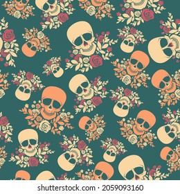 Seamless pattern with skulls and roses in green, yellow and orange colors. Vintage style. Template for Day Of The Dead and Halloween design, wrapping paper, web backdrop. Vector illustration. 