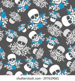 Seamless pattern with skulls and roses in grey, white and blue colors. Vector illustration.  Template for Day Of The Dead and Halloween design.