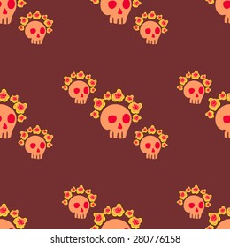 Seamless pattern with skulls and roses. Mexican Day of the Dead. Cute doodle drawing
