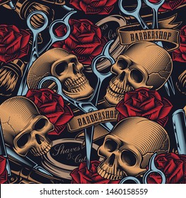 Seamless pattern with skulls, scissors, straight razor on the theme of the barbershop.