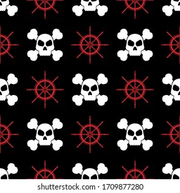 Seamless pattern with skulls and ship rudders. Pirate print. Marine vector illustration.