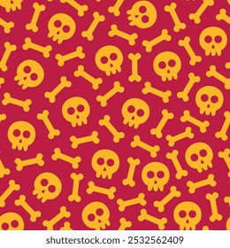 Seamless pattern of skulls and skeleton bones in flat design style in yellow color on red background