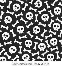 Seamless pattern of skulls and skeleton bones in flat design style in white color on black background