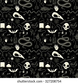 Seamless pattern with skulls and skeletons of animals for Halloween