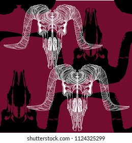 Seamless pattern with skulls. Skull of ram with large horns. Male, rough pattern. Meditative pattern. Dots, stripes, wool.