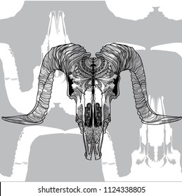 Seamless pattern with skulls. Skull of ram with large horns. Male, rough pattern. Meditative pattern. Dots, stripes, wool.