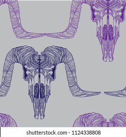 Seamless pattern with skulls. Skull of ram with large horns. Male, rough pattern. Meditative pattern. Dots, stripes, wool.