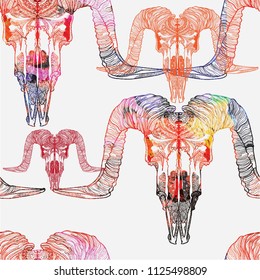 Seamless pattern with skulls. Skull of ram with large horns. Male, rough pattern. Meditative pattern. Dots, stripes, wool.