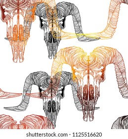 Seamless pattern with skulls. Skull of ram with large horns. Male, rough pattern. Meditative pattern. Dots, stripes, wool.