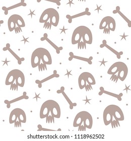 Seamless pattern with skulls and stars on white background. Halloween Vector illustration.