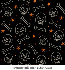 Seamless pattern with skulls and stars on black background. Halloween Vector illustration.