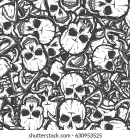 seamless pattern with skulls. Vector illustration background. Black and White