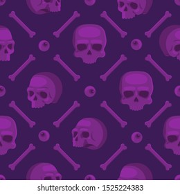 Seamless pattern with skulls. Violet skulls from different angles, a lonely magic eye and bones. Flat vector illustration.