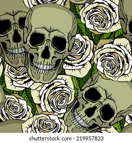 Seamless pattern with skulls and white roses for your design